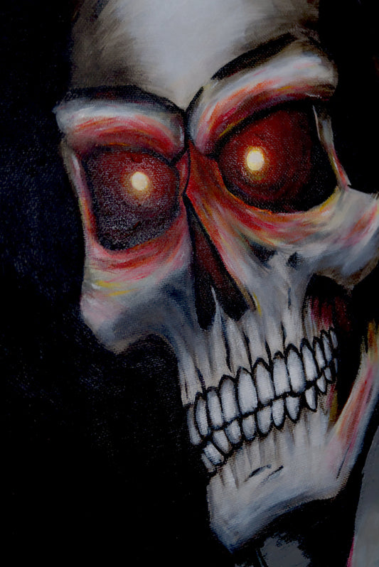 Angled side view of abstract skull with burning eyes