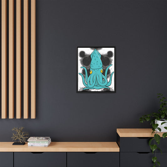Framed Zen Menagerie squid art hanging in a minimalist home office above a desk, perfect for professional workspace decor.