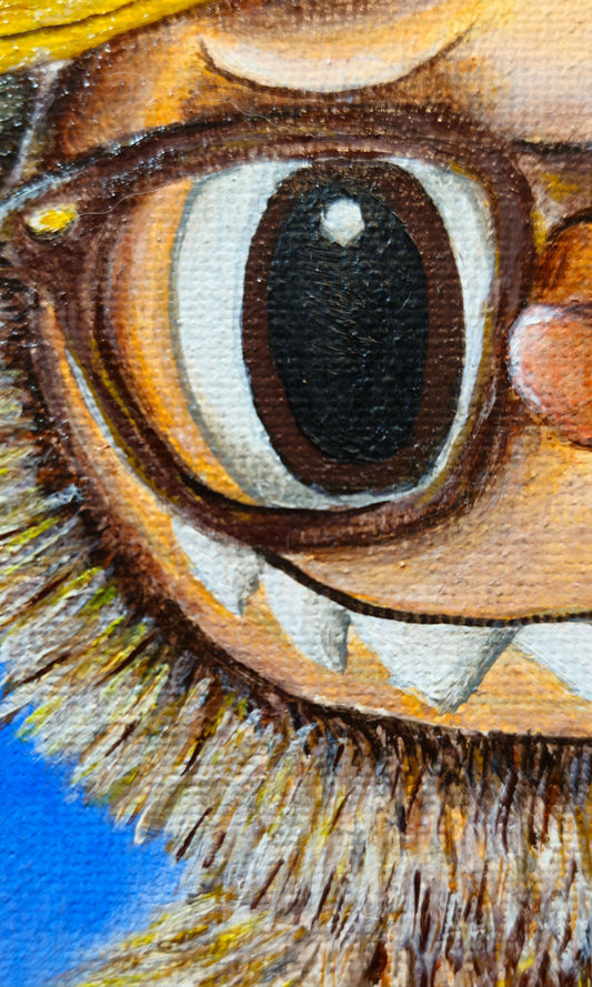 Close-up of a detailed painting of Salary Daddy Labubu's eye with a blue background
