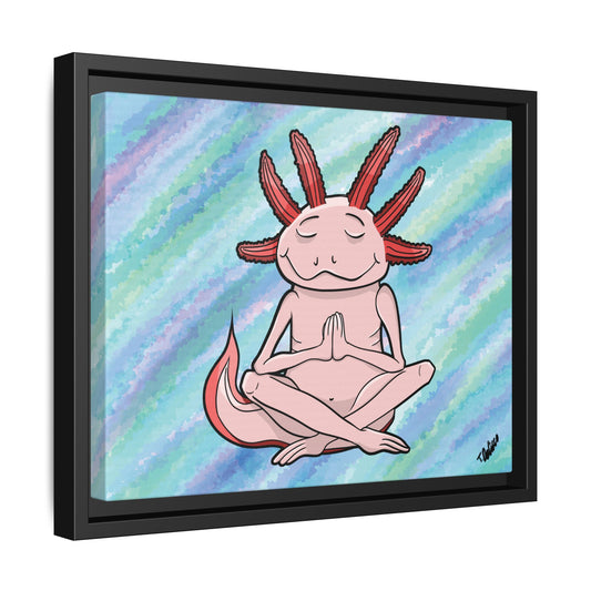 Framed artwork of a cartoon axolotl meditating on a colorful abstract background