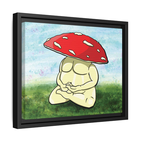 Framed artwork of a cartoon character with a red mushroom hat sitting on grass in a floating frame.
