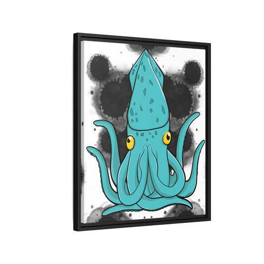 Teal squid with yellow eyes on a black and white abstract background