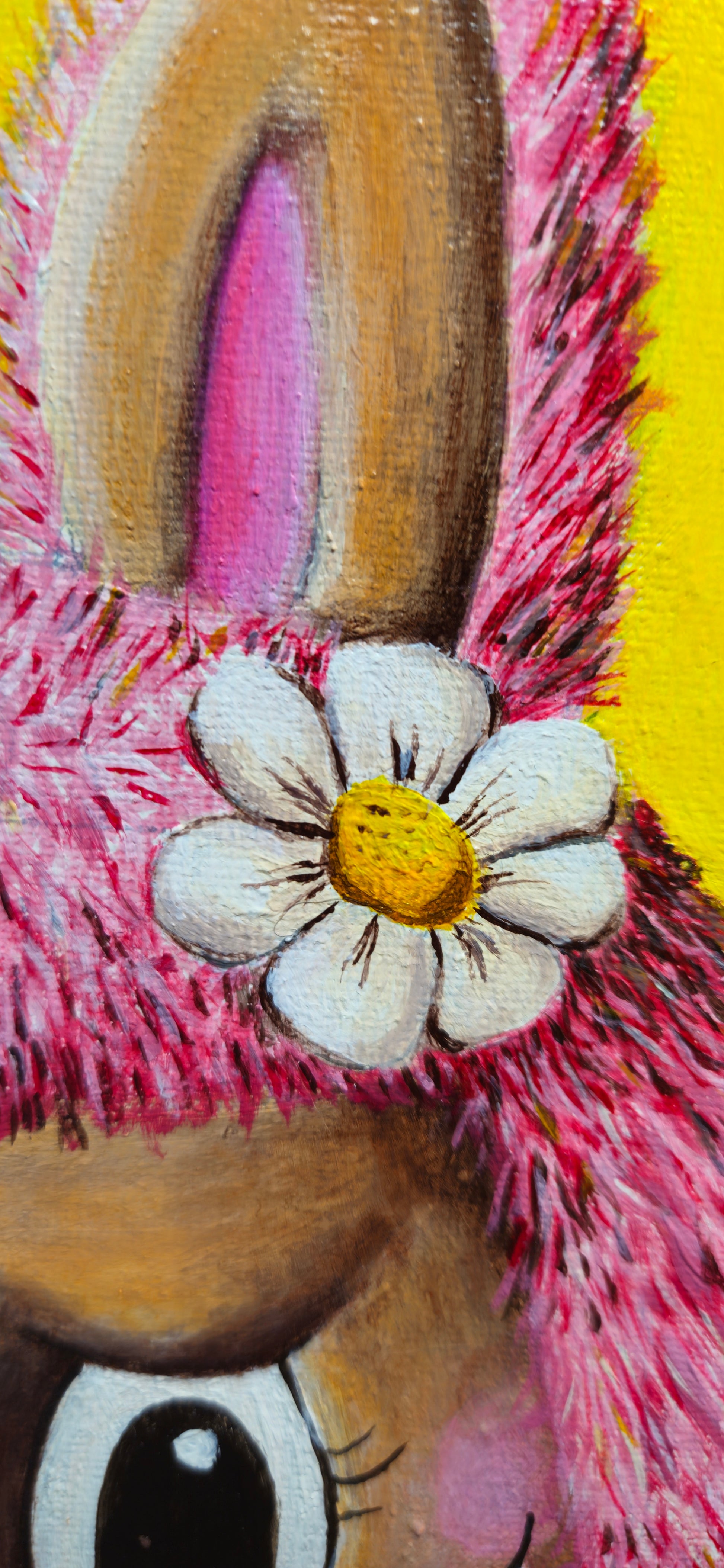 Close-up of a cartoon character with pink hair and a white flower, on a yellow background.