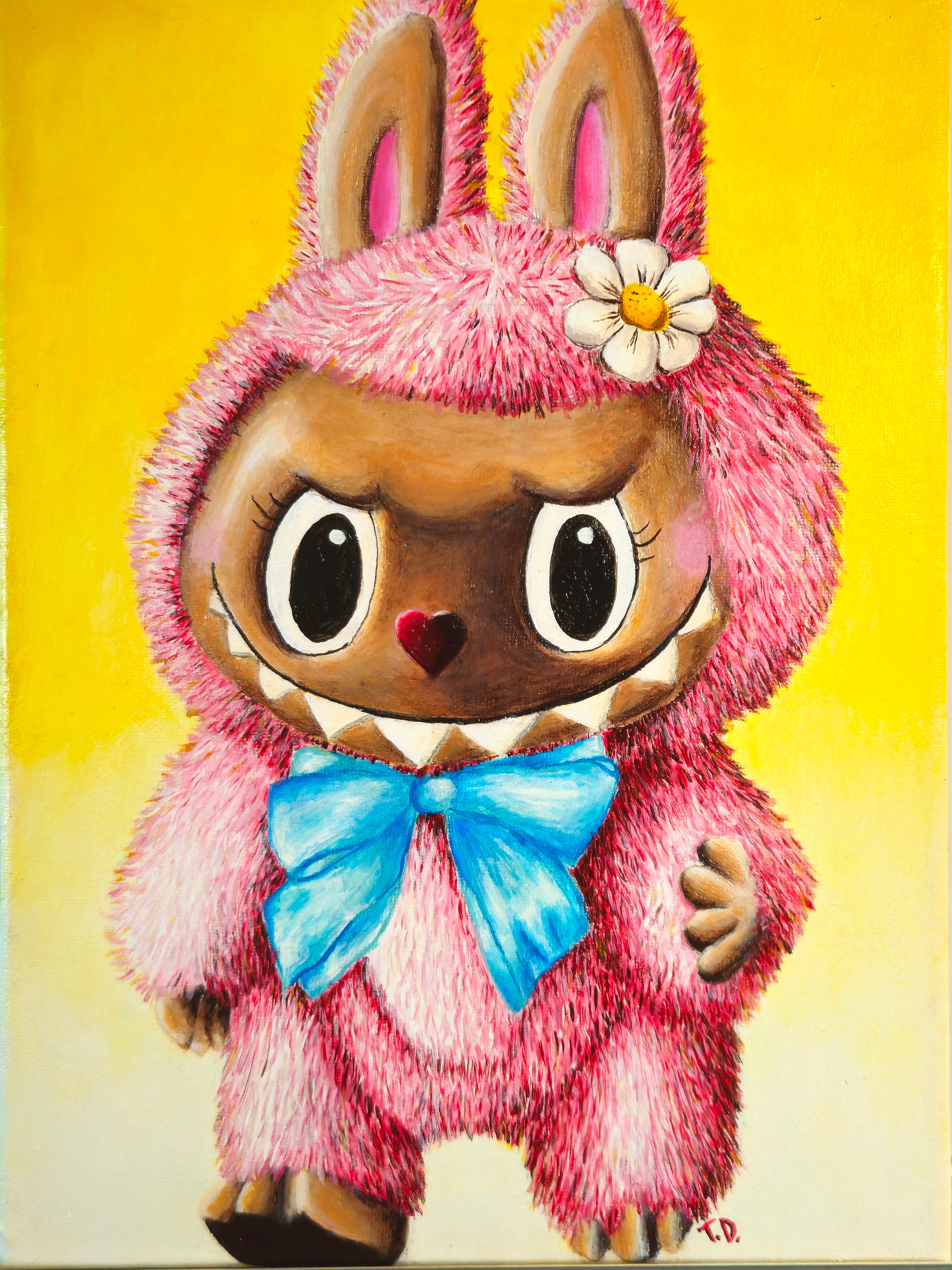 Illustration of a character in a pink bunny costume with a blue bow on a yellow background