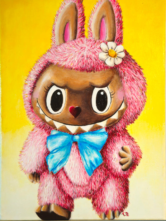 Illustration of a character in a pink bunny costume with a blue bow on a yellow background