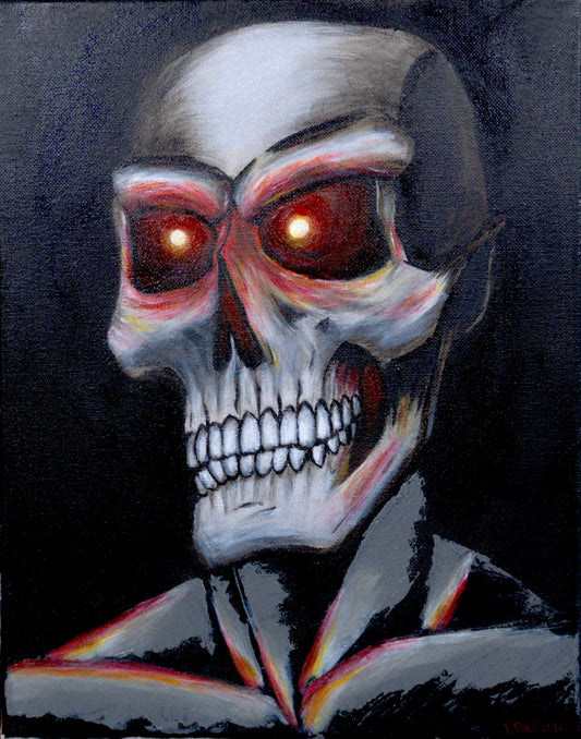 Acrylic painting on canvas depicting a stylized, menacing skull with red eyes against a dark background.