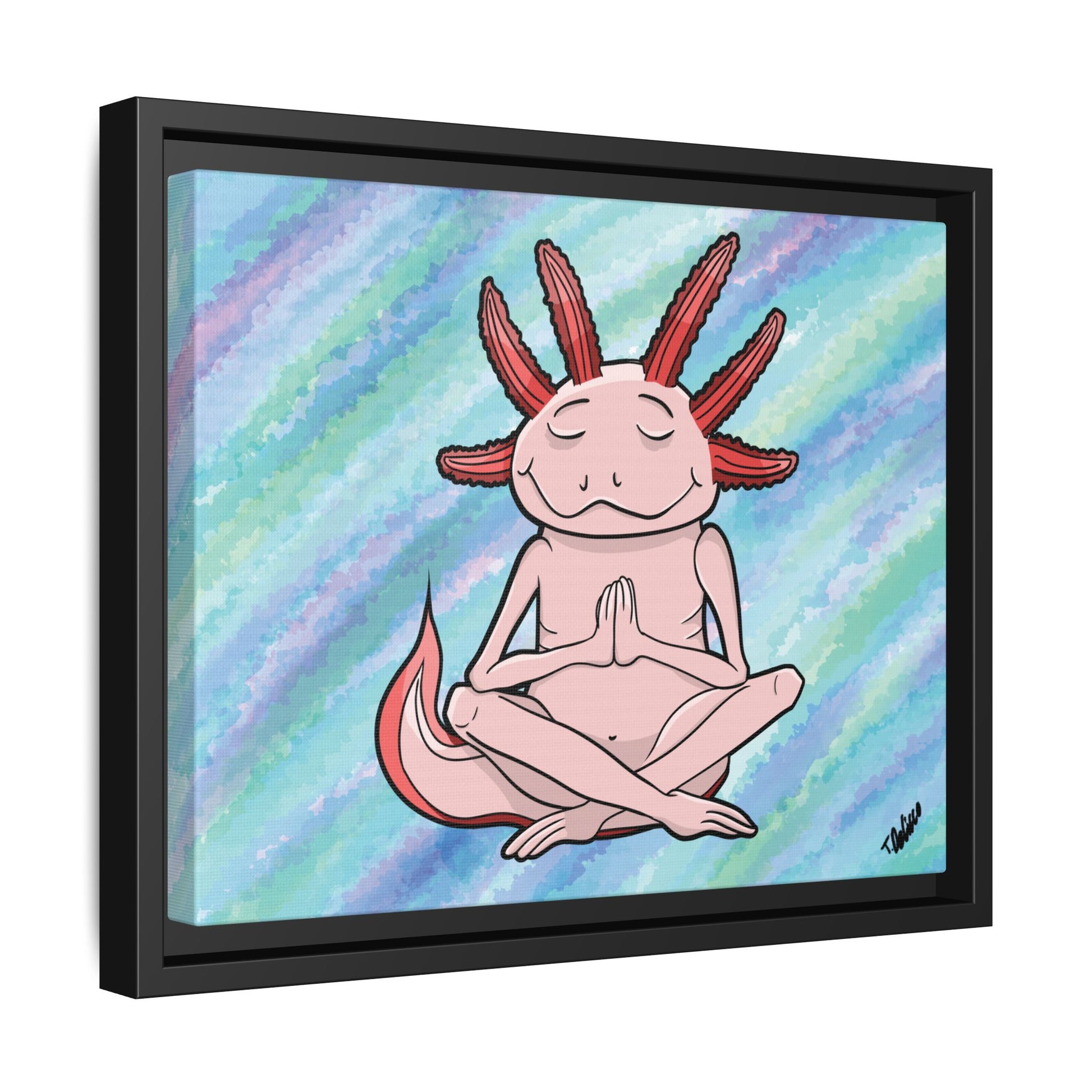Close-up of the premium black floating frame and signed canvas texture.