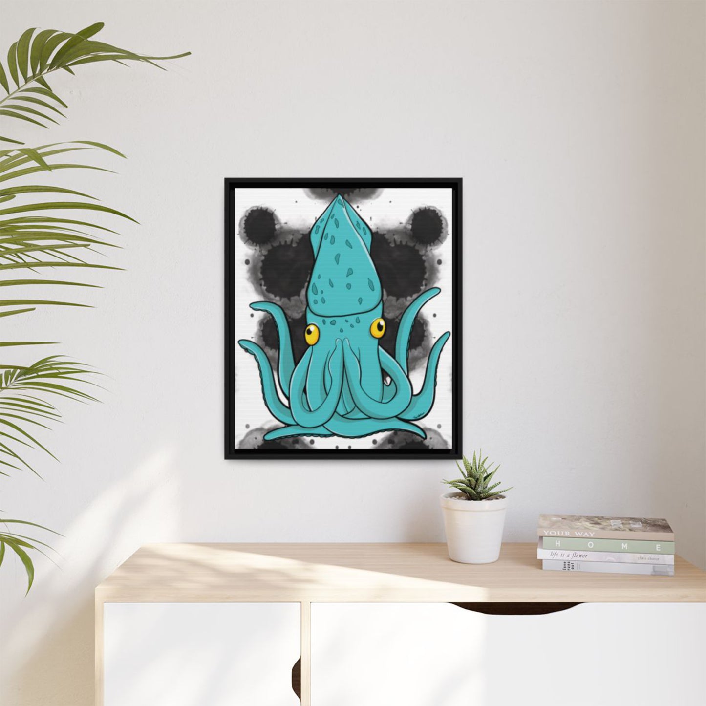 Zen-themed squid art hanging in a serene bedroom environment, emphasizing the calming atmosphere of the Zen Menagerie collection.