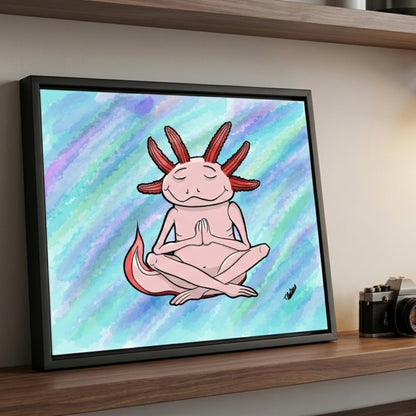 The Meditating Axolotl framed canvas styled on a modern office shelf as a wellness gift.