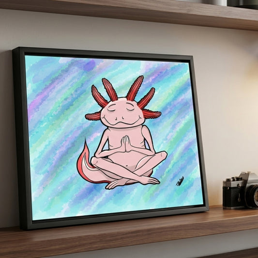 The Meditating Axolotl framed canvas styled on a modern office shelf as a wellness gift.