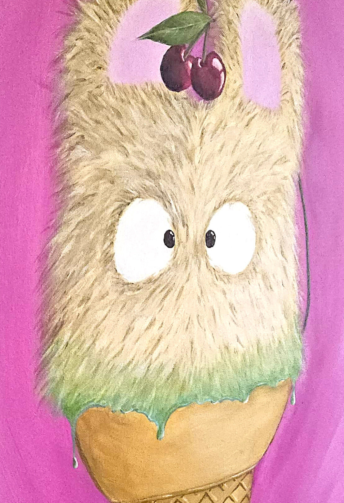 Angled side view of cute fuzzy character on and ice cream cone with pink background