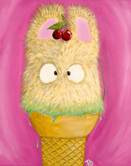 Cartoon-like ice cream cone with fuzzy  face and cherries on a pink background