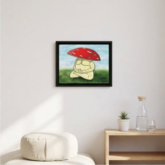 Meditating Mushroom framed canvas art by TonyDArt, grounding decor for wellness corners.