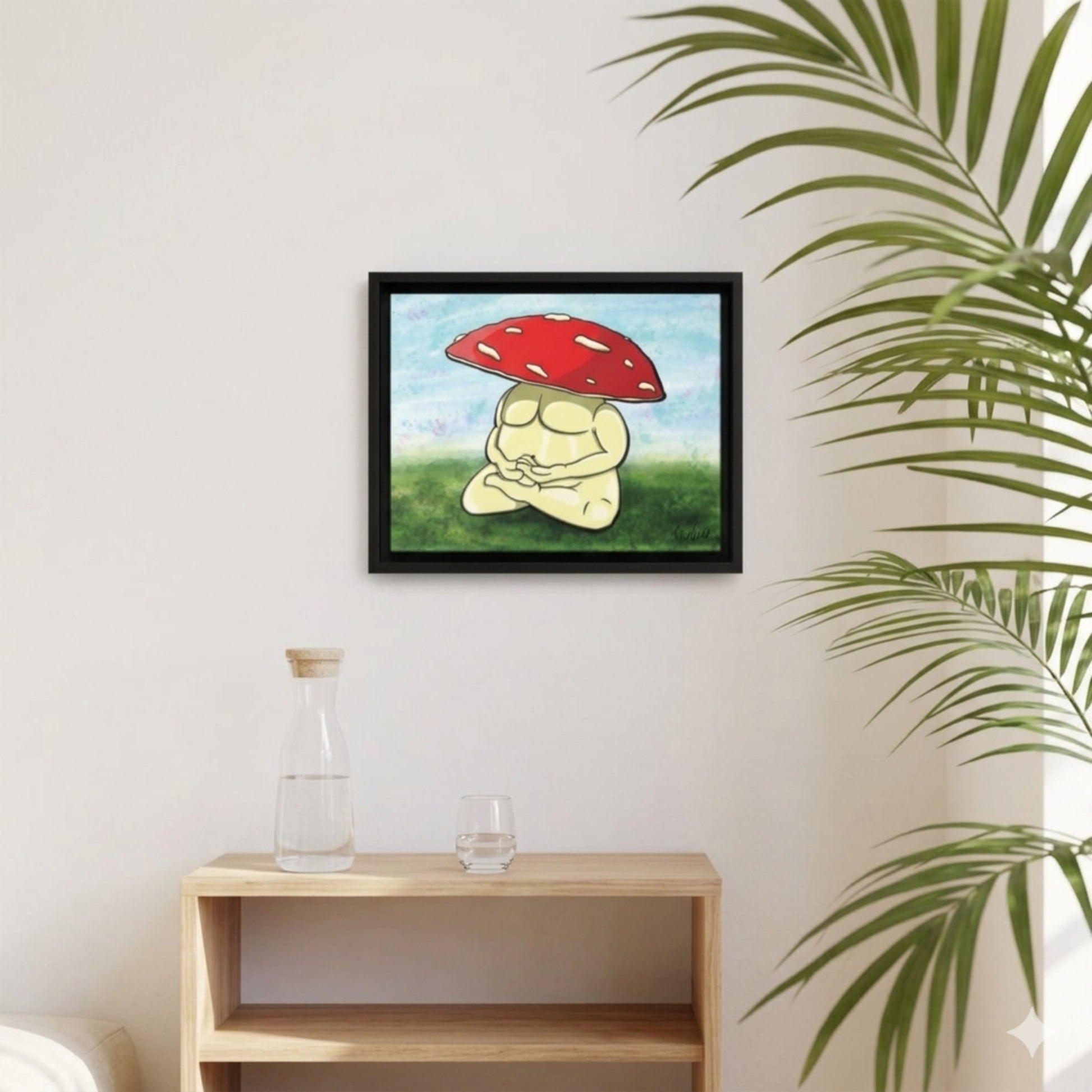 Red mushroom surrealist art styled in a luxury cottagecore bedroom for a calming mood.