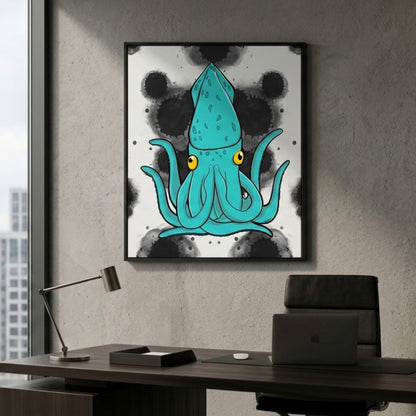 High-end framed squid canvas print showcased in a professional corporate lobby or executive suite.