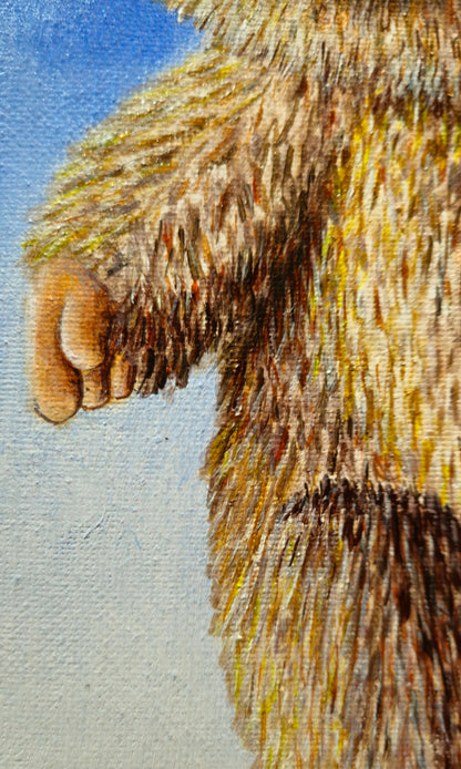 Close-up of a Salary Daddy Labubu's hand with a gradient blue background