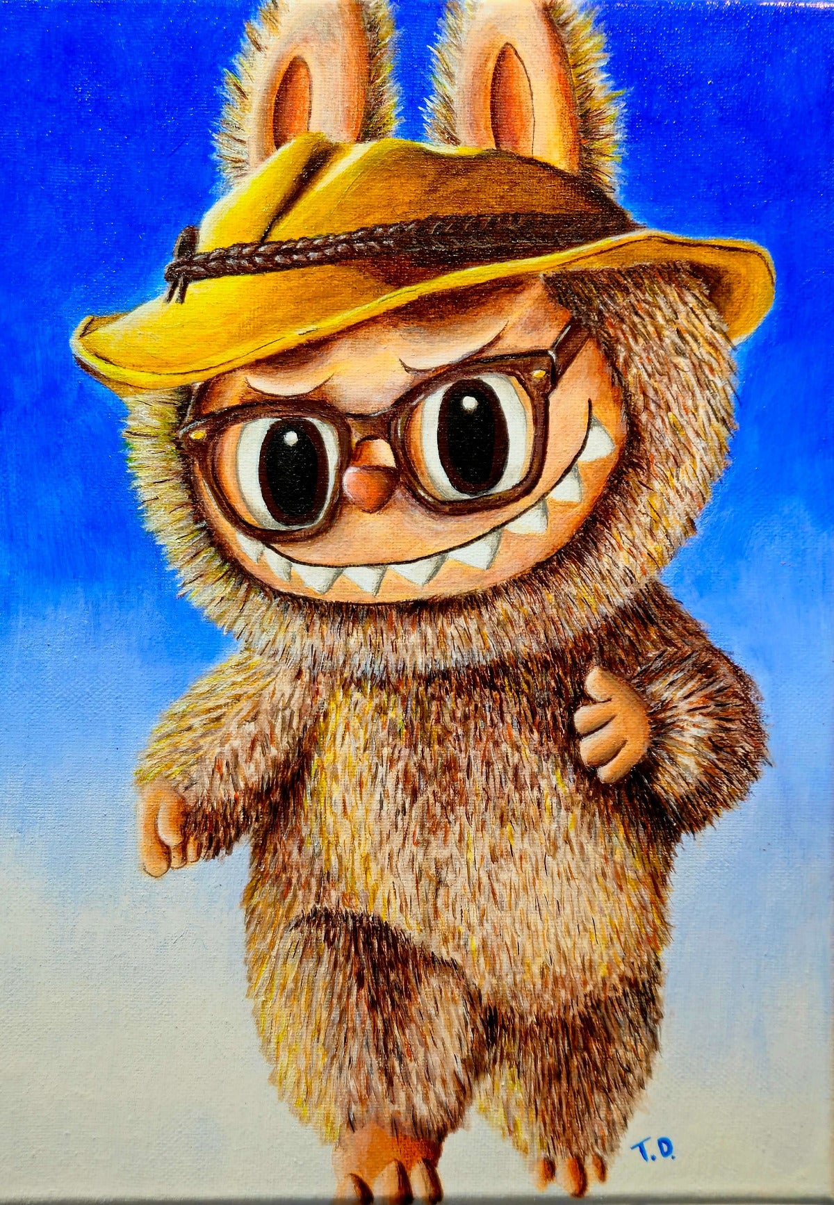 Labubu salary daddy with a gold hat and glasses against a blue background