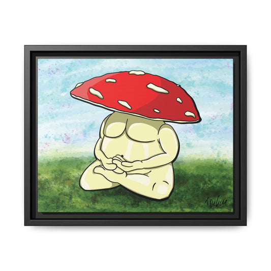 Framed artwork of a mushroom with a red cap on a grassy field