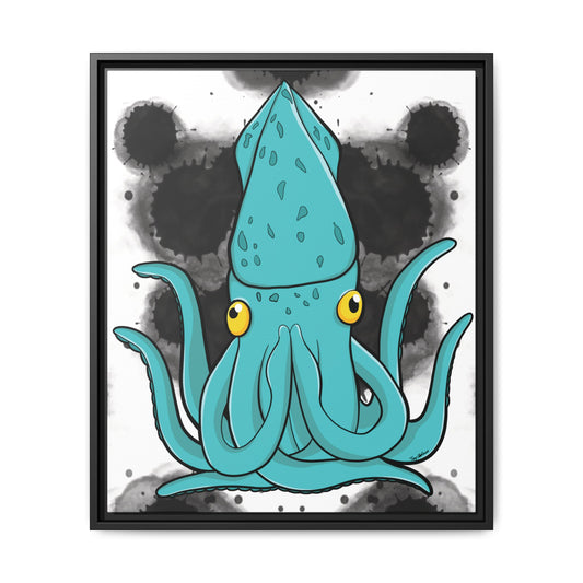 Cartoon squid illustration on a black and white abstract background
