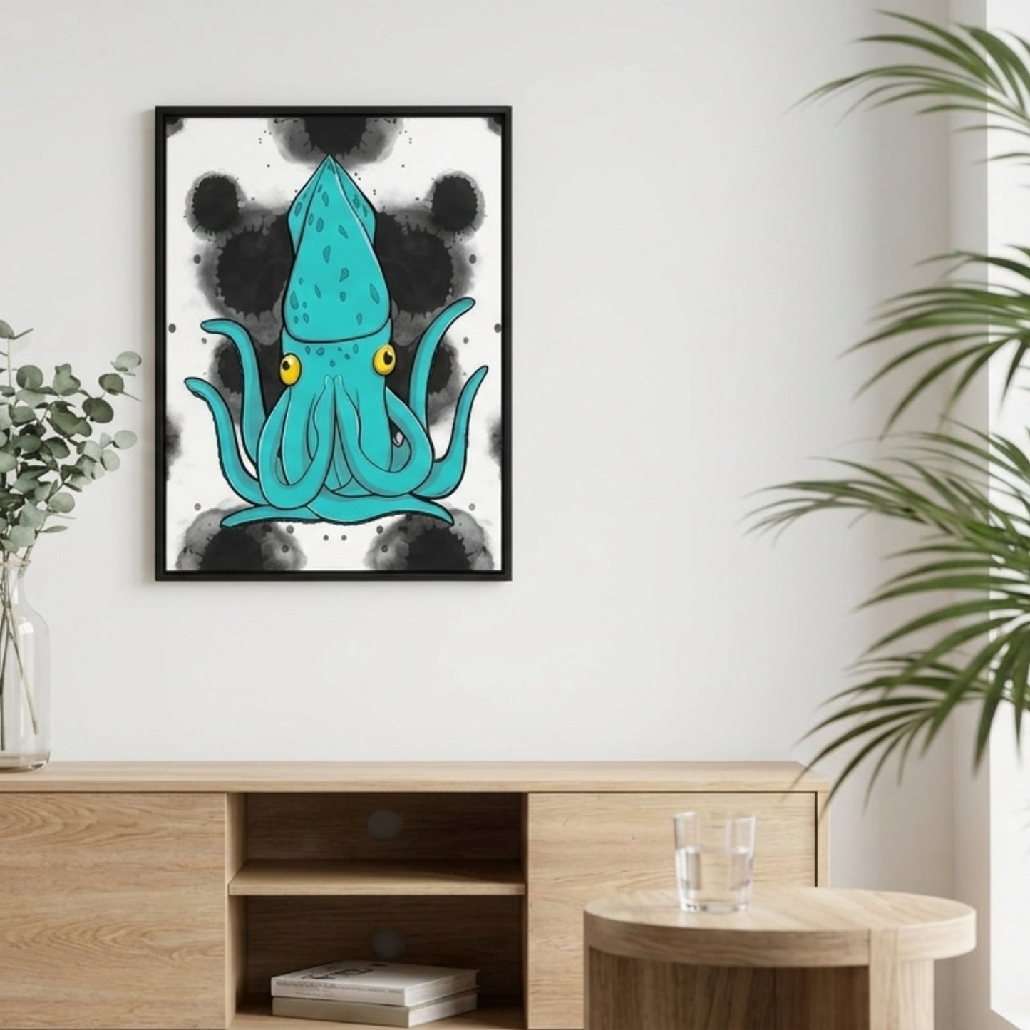 A large framed Meditating Squid canvas print displayed in a bright, modern living room setting to show scale and interior style.